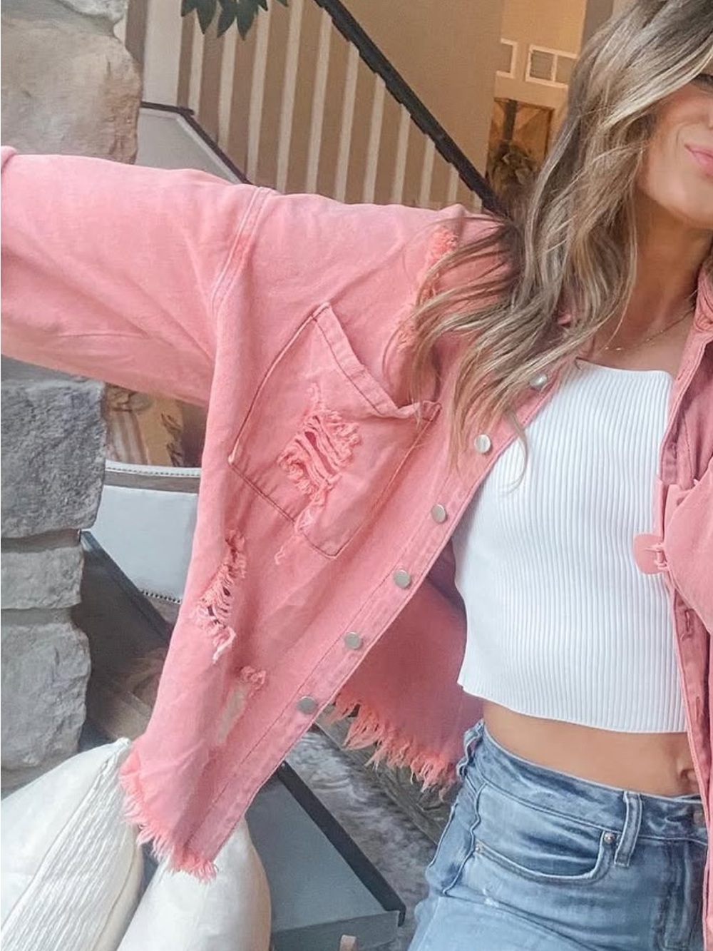 Pink Distressed oversized denim Jacket - Picture 2 of 3